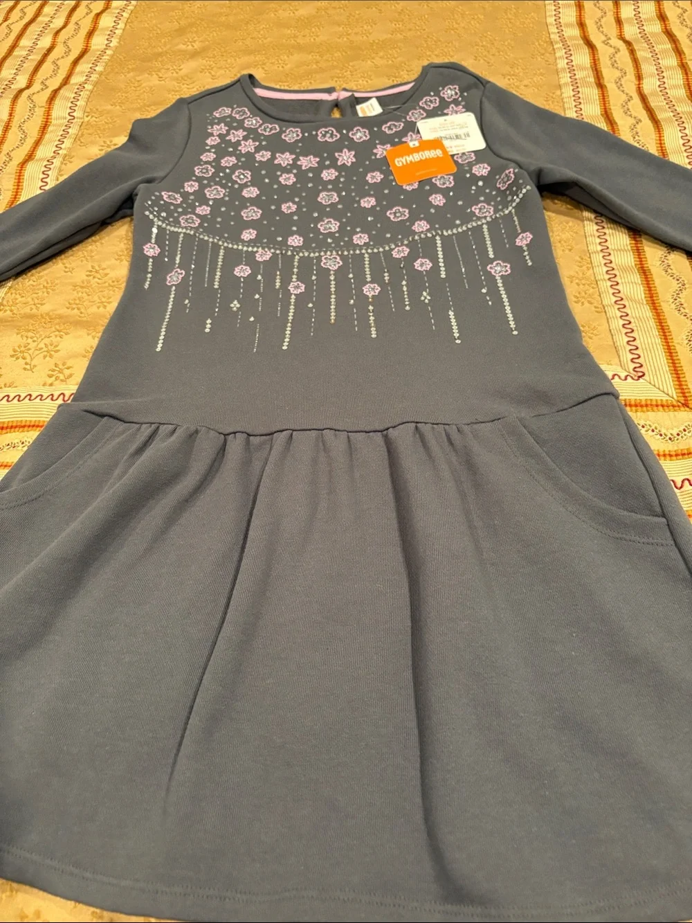 NWT Gymboree Girl’s Gray Dress with Pink Floral Accents, Cotton Blend, L (10-12)